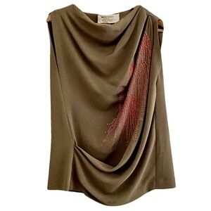 Elegant Olive Draped Top with Red Accents